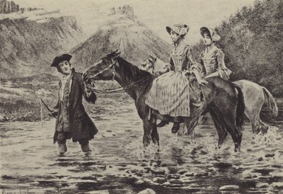 Jean-Jacques Rousseau két fiatal nőnek segít átkelni a patakon (mélynyomás) alkotó: Maurice Leloir