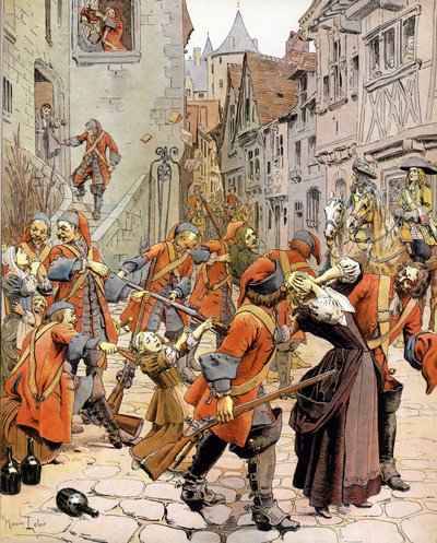 Les Dragonnades (1681-1685): egy protestáns család szétverése a megtérő protestánsokkal megbízott sárkánycsapatok által. Gustave Toutwelve „Le Roy Soleil” (XIV. Lajos) kromotipográfia, Maurice Leloir (1853-1940) illusztrációja alkotó: Maurice Leloir