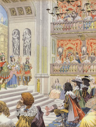 Előadás a Palais Cardinal of Mirame színházában, Richelieu és Desmarets darabja alkotó: Maurice Leloir