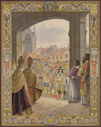 XIV. Lajos király többségének kikiáltása, Sainte-Chapelle érkezése alkotó: Maurice Leloir