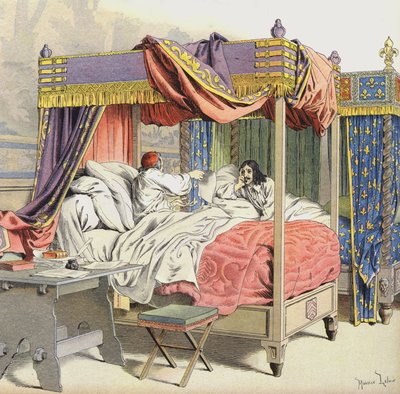 Richelieu és XIII. Lajos király szomszédos ágyakban a Cinq-Mars összeesküvésének idején alkotó: Maurice Leloir