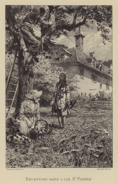 Rousseau fogadása az Ile St Pierre-ben (metszet) alkotó: Maurice Leloir