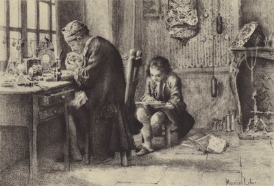 A fiatal Jean-Jacques Rousseau olvas, miközben apja dolgozik (mélynyomás) alkotó: Maurice Leloir