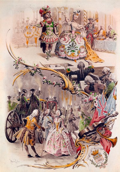 Esküvői menü Maurice Leloir (1851-1940) kosztümös bálokkal és galantes jelenetekkel, 1900.06.04. alkotó: Maurice Leloir