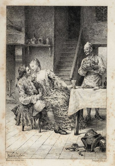 Prevost abbé (1697-1763) francia író „Manon Lescaut és a Chevalier Des Grieux története” című művében. Metszet Maurice Leloir rajzai alapján (1885). alkotó: Maurice Leloir