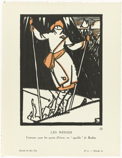 Gazette du Bon Ton, 1920 - No. 9, Pl. 65: Les Neiges / Téli sportok jelmeze, Rodier enagnella alkotó: Maurice Leroy