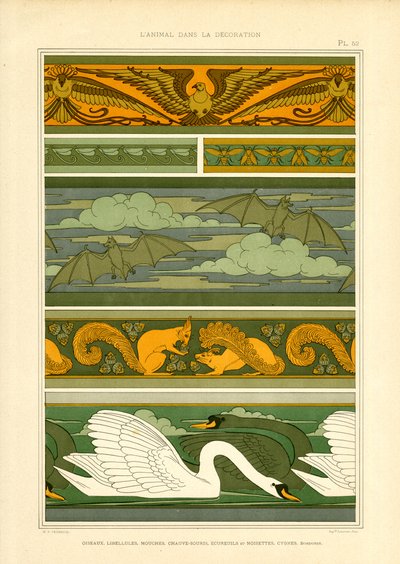 Állati szegélyek sasokkal, denevérekkel, mókusokkal és hattyúkkal (litográfia) alkotó: Maurice Pillard Verneuil