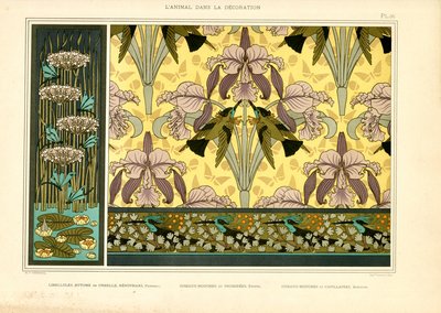 Szecessziós mintás minták szitakötőkkel, orchideákkal és kolibrikkel (litográfia) alkotó: Maurice Pillard Verneuil