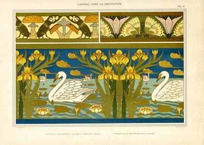 Dekoratív szegélyek hattyúkkal, rovarokkal és íriszekkel (litográfia) alkotó: Maurice Pillard Verneuil