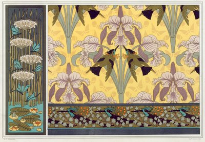 A tapétaszegély, a szövet és a panel dizájnja: "Statakötők; tavirózsa és virágzó roham", kolibri madarak és orchideák, valamint kolibri madarak és szőrpáfrány" a "L