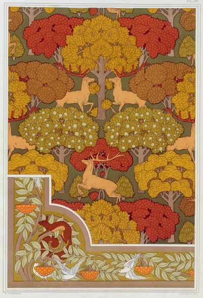 Tervek tapétához és tapétaszegélyhez Deer in the Trees, pub. 1897. alkotó: Maurice Pillard Verneuil