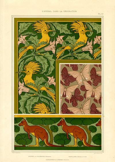 Egzotikus állatmotívumok: kakaduk, pillangók és kenguruk (litográfia) alkotó: Maurice Pillard Verneuil