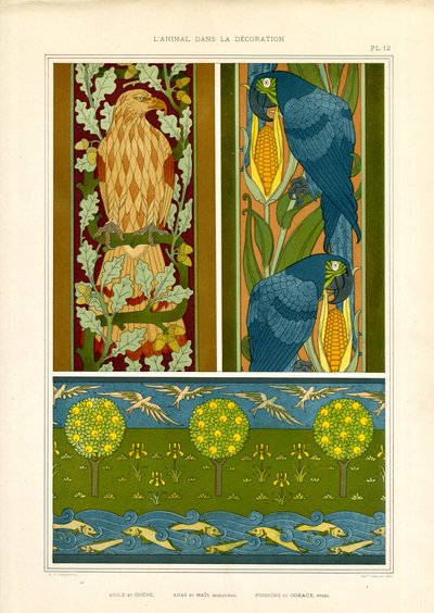 Díszítő szegélyek sassal, papagájokkal és tájképi frízzel (litográfia) alkotó: Maurice Pillard Verneuil
