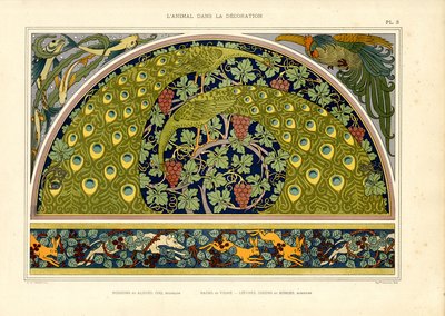 Páva és nyúl motívumok mint dekoratív szecessziós kompozíció (litográfia) alkotó: Maurice Pillard Verneuil