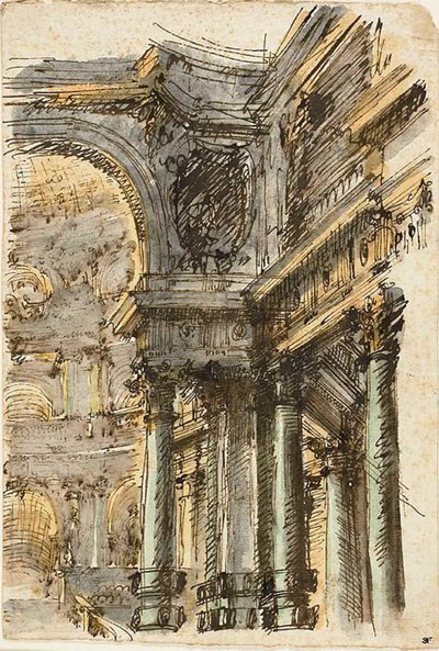 Építészeti fantázia (recto); Építészeti részletek (fordítva) alkotó: Mauro Antonio Tesi
