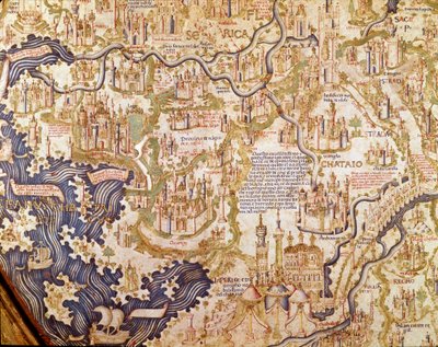Kína látképe (Cambaluc, ma Peking) Maurus (Mauro) testvér kamalduli világtérképének (mappamundi) részlete 1459 (térkép) alkotó: Mauro Fra
