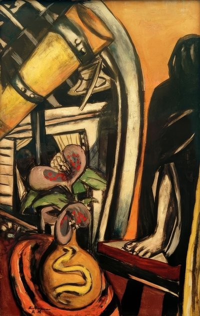 Atelier (éjszaka). Csendélet távcsővel és fátyolos alakkal alkotó: Max Beckmann