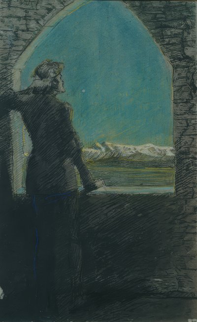 Koszorús fiatalember, aki a távolba néz egy régi falról alkotó: Max Beckmann