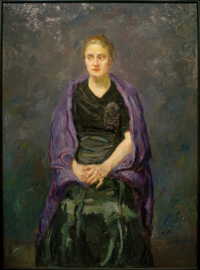 Minna Beckmann-Tube portréja lila sállal alkotó: Max Beckmann