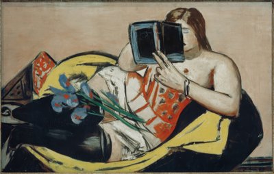 Fekvő nő könyvvel és íriszekkel alkotó: Max Beckmann