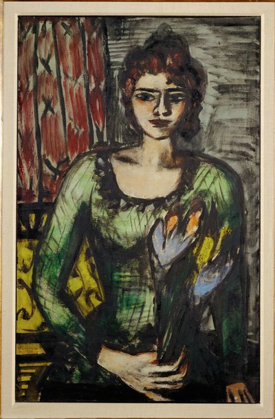 Quappi (Beckmann második felesége, Mathilde) portréja zöld pulóverben alkotó: Max Beckmann