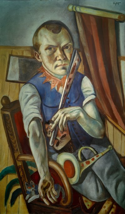 Önarckép kisággyal és trombitával (önarckép bohócként) alkotó: Max Beckmann