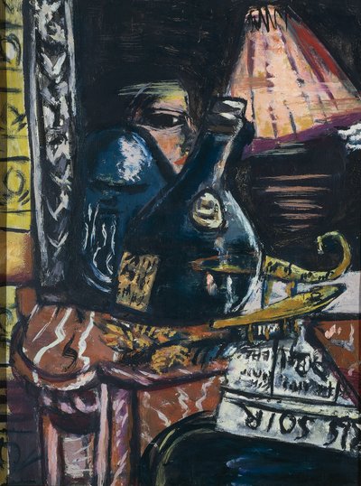 Csendélet ferde pálinkásüveggel és Buddhával alkotó: Max Beckmann