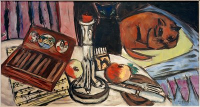 Csendélet ezüst gyertyatartóval (csendélet macskákkal) alkotó: Max Beckmann