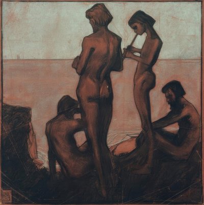 Négy fiatalember a tenger mellett (Fiatalok a tenger mellett - Négy férfialak a tenger mellett) alkotó: Max Beckmann