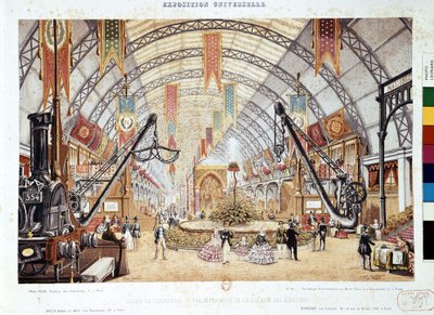 Exposition Universelle 1855: A Palais de l"Industrie motorházának belső képe, 1855 alkotó: Max Berthelin