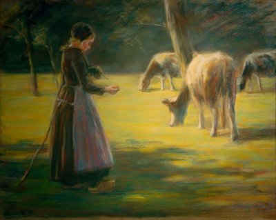 Pörgő tehénpásztorlány a legelőn - Napsütésben alkotó: Max Liebermann