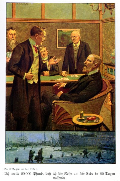 Phileas Fogg fogadást tesz a Reformklubban, hogy 80 nap alatt körbeutazhatja a világot, illusztráció egy Berlinben megjelent kiadásból. alkotó: Max Wulff