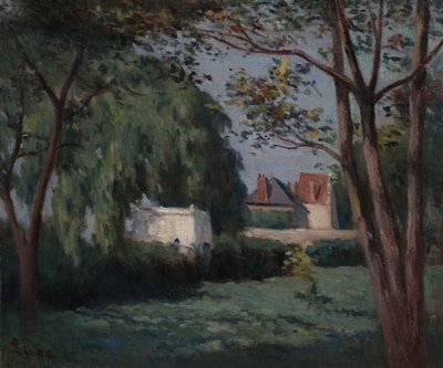 Vidéki jelenet három házzal és fákkal alkotó: Maximilien Luce