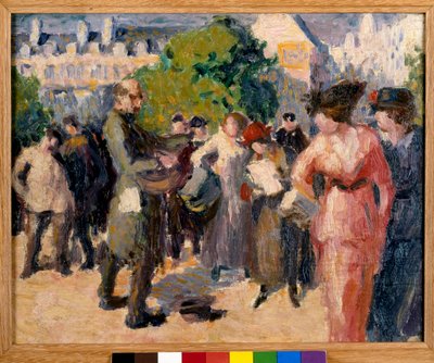 Utcai jelenet. Párizsi kertben játszó koldus csörgődobossal. Maximilien Luce (1858-1941) festménye. Olaj, vászon. Magángyűjtemény. alkotó: Maximilien Luce