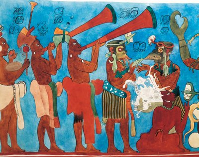Bonampak freskók reprodukciója, részlet mexikói, chiapasi, bonampaki zenészekkel (freskó) alkotó: Mayan