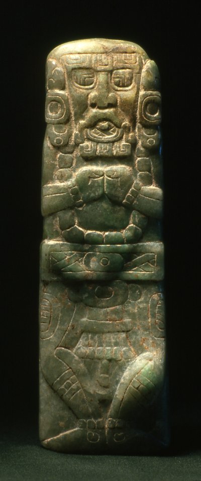 A Hieroglif lépcsőn lefelé dedikált szobor, Copan, késői klasszikus korszak (600-900) (jáde) alkotó: Mayan