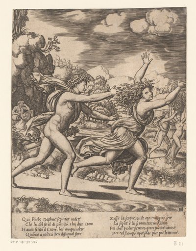 Apollo üldözi Daphnét Apollo és Daphne története (sorozat címe) alkotó: Meester van de Dobbelsteen