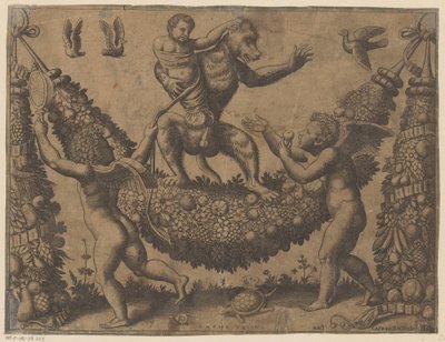 Putti egy majmot gúnyol A pápa kárpitjai (sorozat címe) Tapezzerie de Papa (sorozat címe) alkotó: Meester van de Dobbelsteen