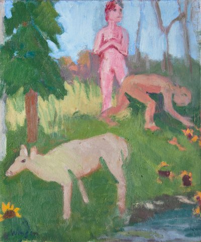 Két alak egy nőstény jávorszarvassal, 2016 (olaj, vászon) alkotó: Megan Williamson