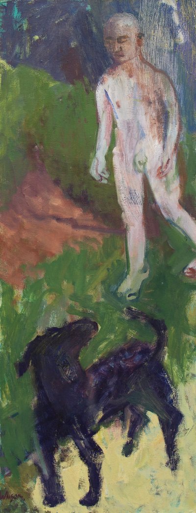 Fehér ember, aki fekete kutyát sétáltatott, 2016 (olaj, vászon) alkotó: Megan Williamson