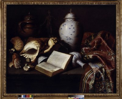 Kínai vázák, kagylók, antik bronzok, könyvek és szőnyegek (olaj, vászon) alkotó: Meiffren (c.1630 1705) Conte