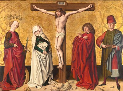 Krisztus a kereszten Szent között. Mary és John, Catherine és Sebastian alkotó: Meister von Großgmain