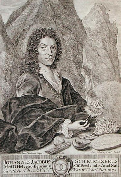 Johann Jacob Scheuchzeri portréja, Scheuchzeri "Itinera Alpina" című művének címlapja, Joseph Nutting (1660-1722 körül) metszete, megjelent 1706-ban (metszet). alkotó: Melchior Fusslinus (after) Tigur