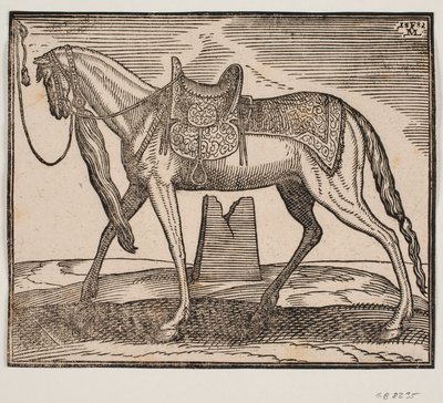 Elegáns nyerges ló, v. keretvonallal megkötve, profil v. a ló hasa alatt látható egy tönkrement alkotó: Melchior Lorck