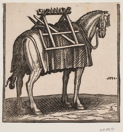 Terheletlen teherhordó ló hátán hordozóval, hátulról ferdén nézve h felé. alkotó: Melchior Lorck