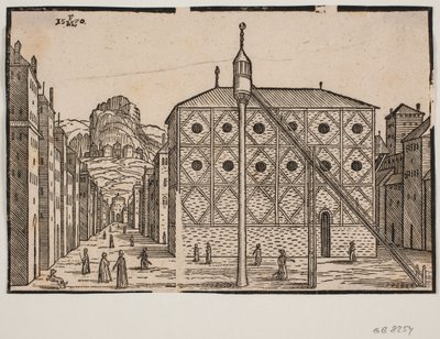 Utca, az előtérben mecset és szabadon álló minaret alkotó: Melchior Lorck