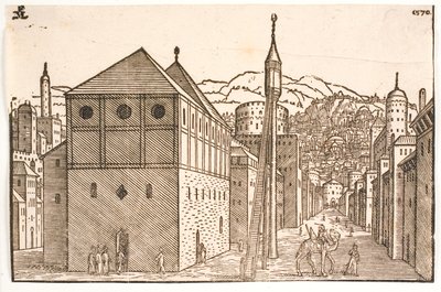 Mecset szabadon álló minarettel, külső lépcsővel alkotó: Melchior Lorck