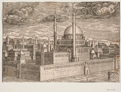 Mecset, két minarettel, északnyugat felől nézve; a víz túloldalán a Galata látható? A jobb alsó sarokban egy kocka alakú kő található, amelyre négyzet alakú geometrikus alakot véstek, amely feltehetően alkotó: Melchior Lorck