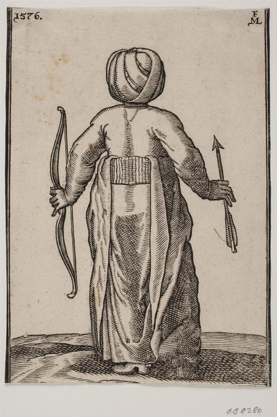 Álló íjász, hátulnézet; v kézben íj, h kézben nyílvessző alkotó: Melchior Lorck
