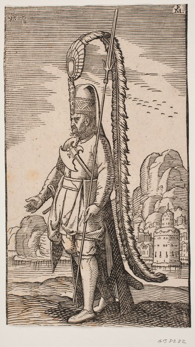 Álló katona egy sziklás part mellett, a vízen túl egy város; fejdíszét rendkívül hosszú tollazat díszíti alkotó: Melchior Lorck